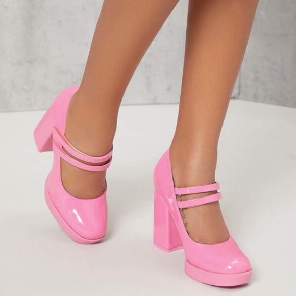 New Pink Patent Mary Jane Platform Chunky Heel Pumps - Picture 2 of 4